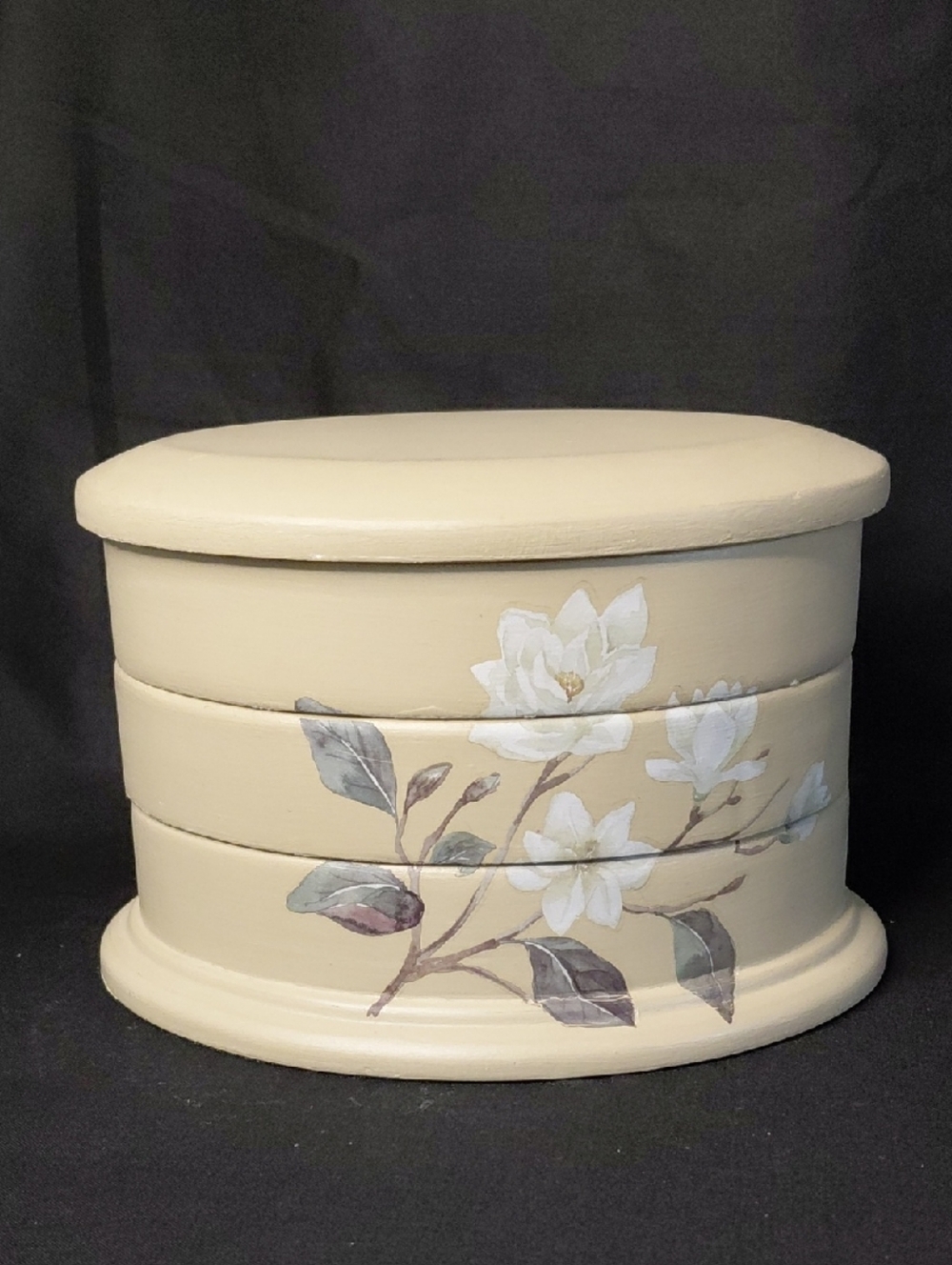 Hand-Designed Floral Jewelry Box in Beige With Magnolias